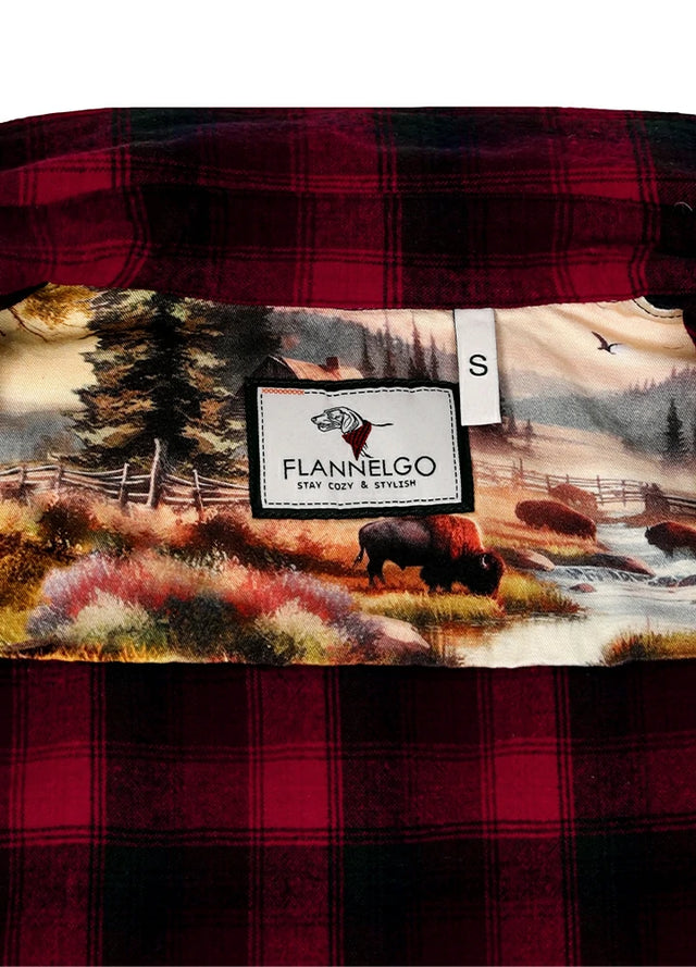 Detailed view of womens red black cotton plaid shirt printed