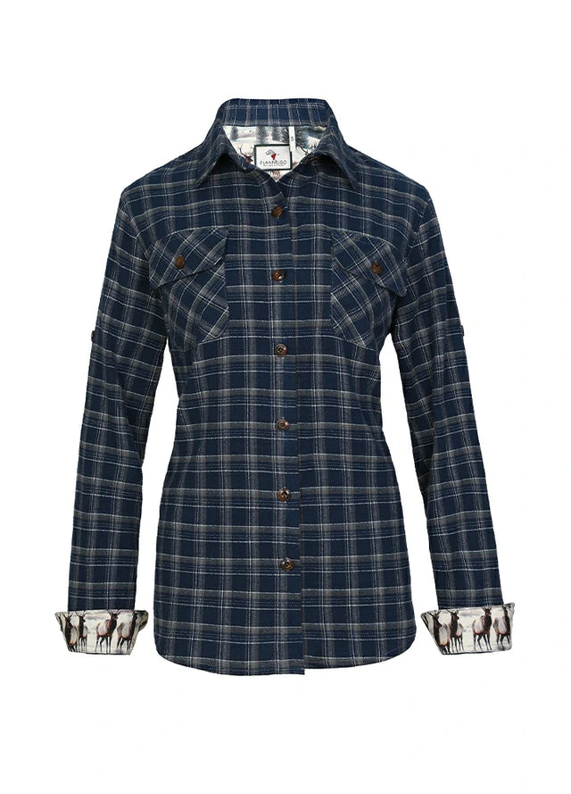 Front view of a womens printed soft navy blue plaid flannel shirt