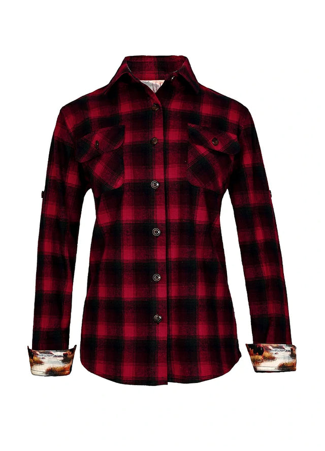Front view of a womens printed soft red black plaid flannel shirt
