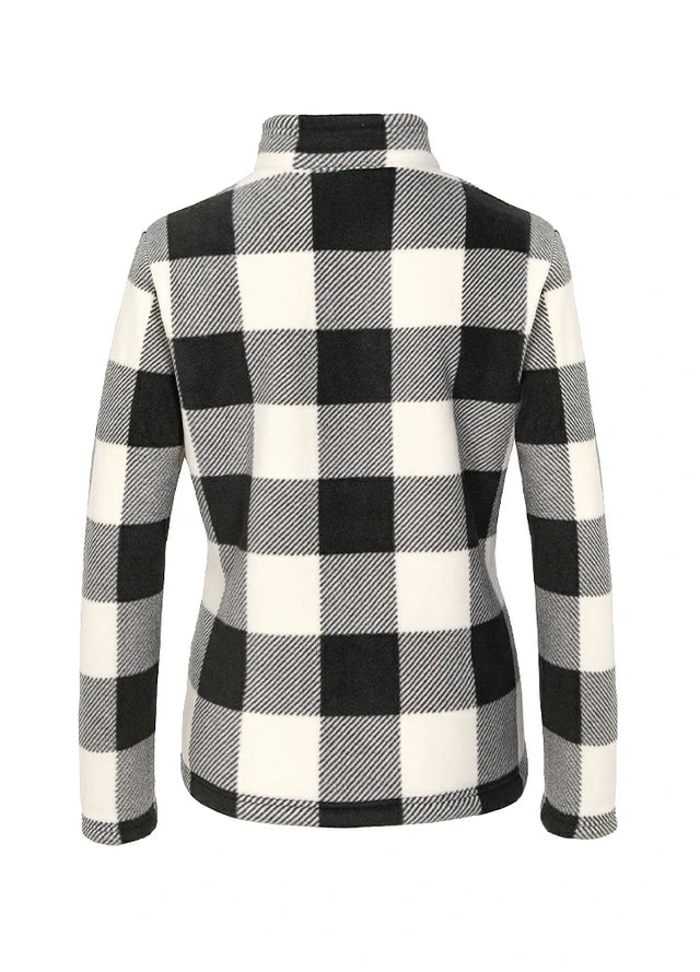 Back view of women's winter warm black white jacket with sherpa lined