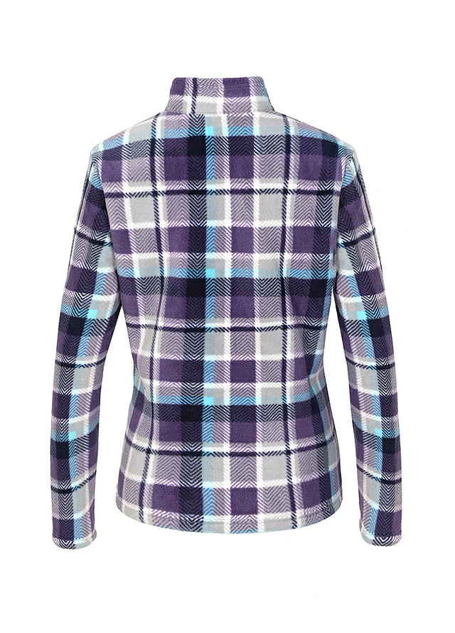 Back view of women's winter warm purple plaid jacket with sherpa lined