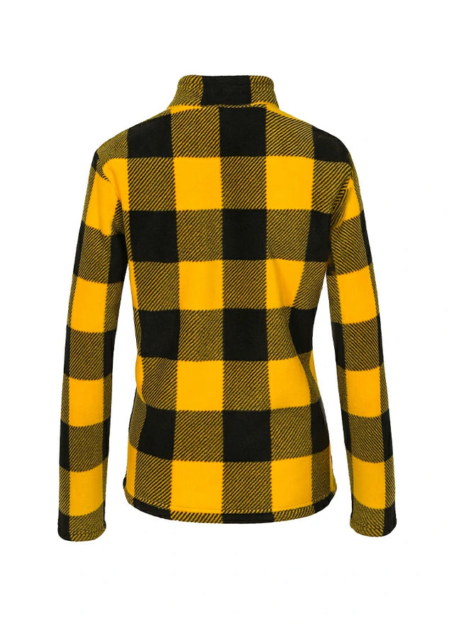 Back view of women's winter warm yellow black jacket with sherpa lined