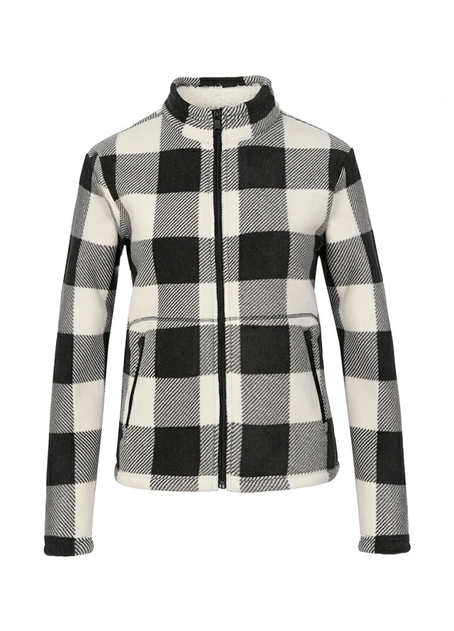 Front view of a women's full zip up black white sherpa-lined jacket