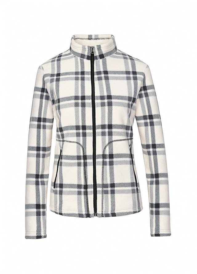 Front view of a women's full zip up white plaid sherpa-lined jacket