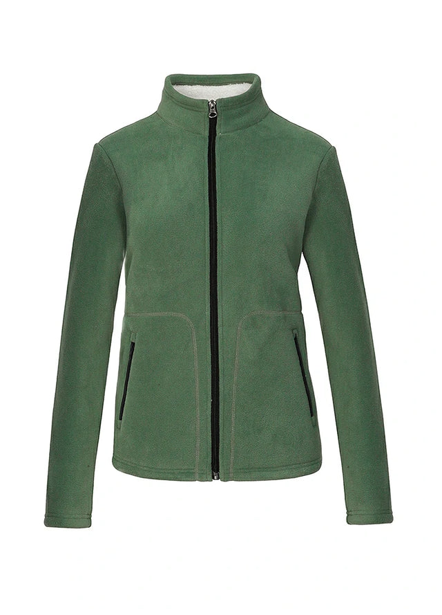 Front view of a women's full zip up dark green sherpa-lined jacket