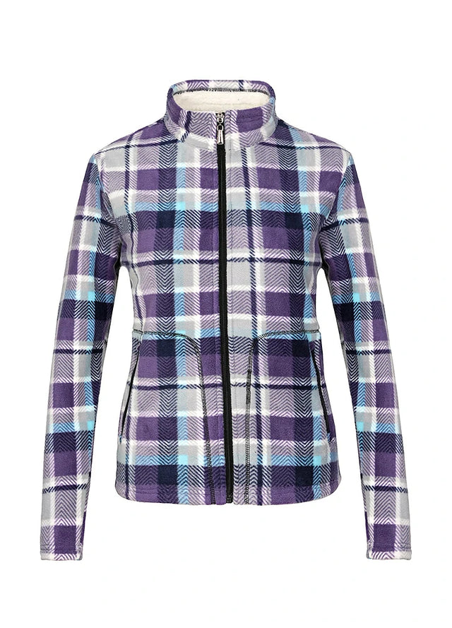 Front view of a women's full zip up purple plaid sherpa-lined jacket
