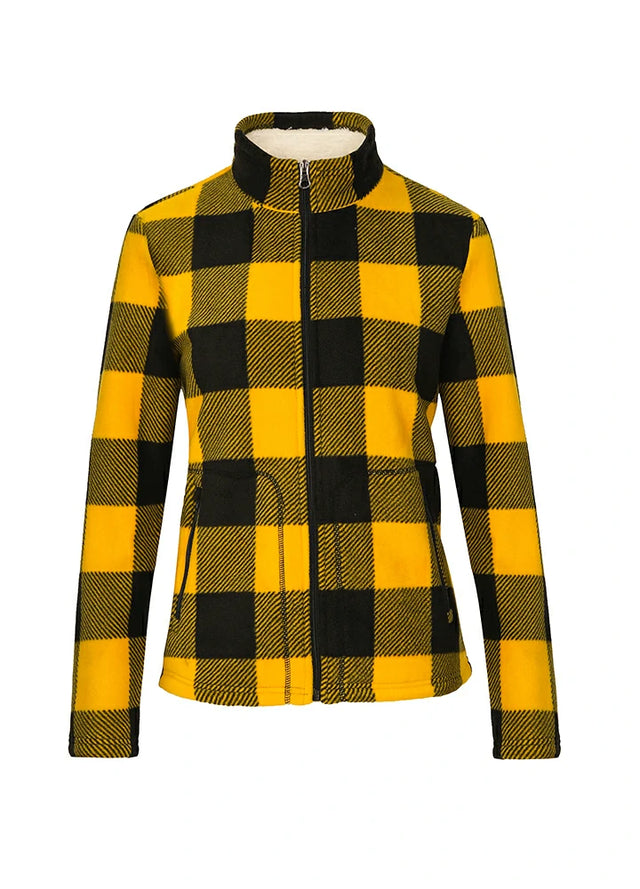 Front view of a women's full zip up yellow black sherpa-lined jacket