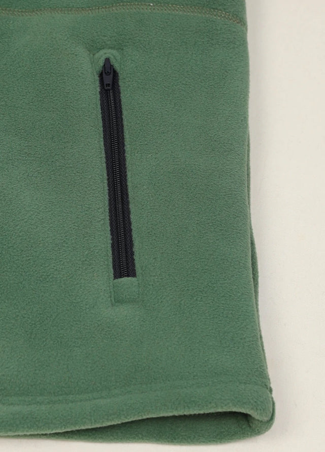Close-up of women's dark green sherpa-lined fleece jacket hand pocket