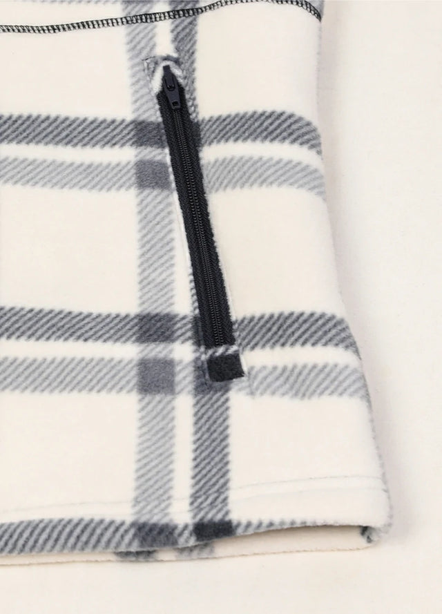 Close-up of women's white sherpa-lined fleece jacket hand pocket