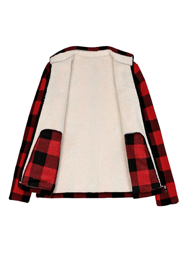 Open view of a women's red black long-sleeve plaid fleece jacket