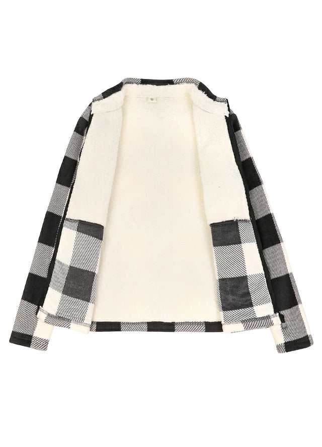 Open view of a women's black white long-sleeve plaid fleece jacket