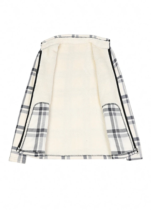 Open view of a women's white plaid long-sleeve plaid fleece jacket
