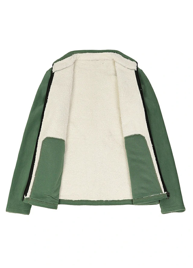 Open view of a women's dark green long-sleeve plaid fleece jacket