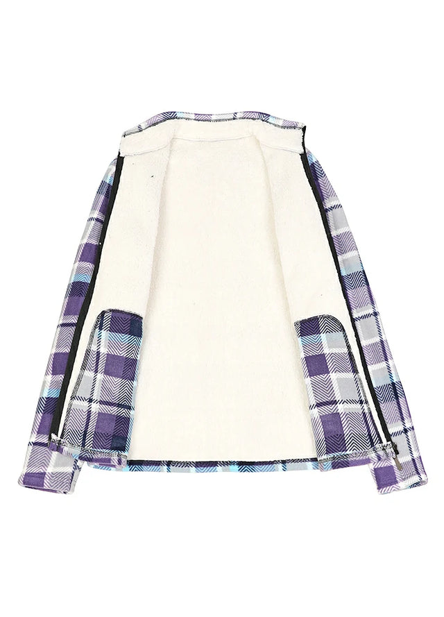 Open view of a women's purple plaid long-sleeve plaid fleece jacket