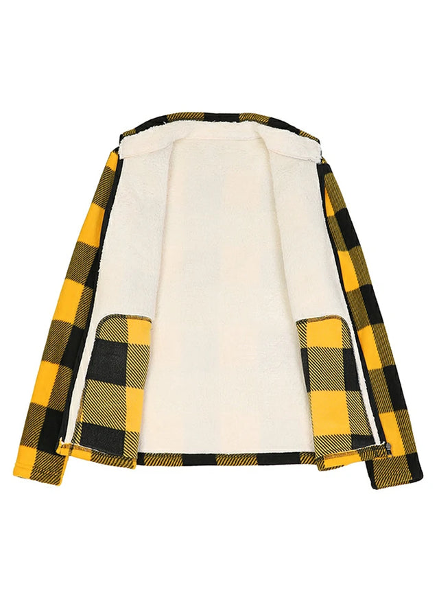 Open view of a women's yellow black long-sleeve plaid fleece jacket