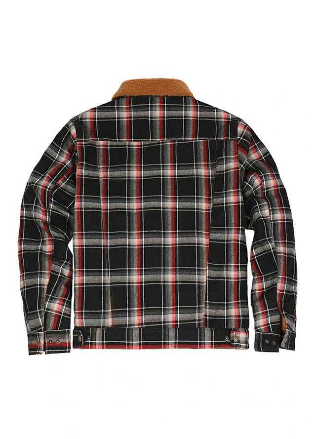Back view of the black red men's snap button up jacket
