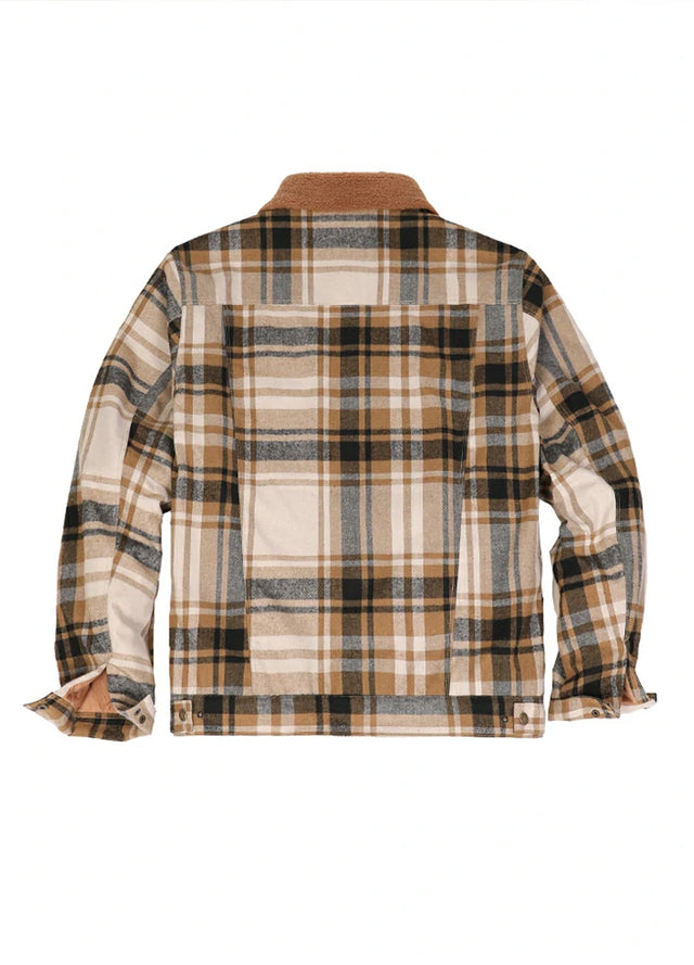 Back view of the beige latte men's outdoor fleece lined shirt jacket