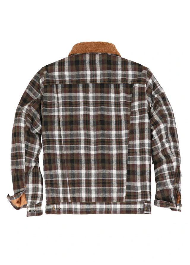 Back view of the coffee white men's fleece lined button up shirt jacket