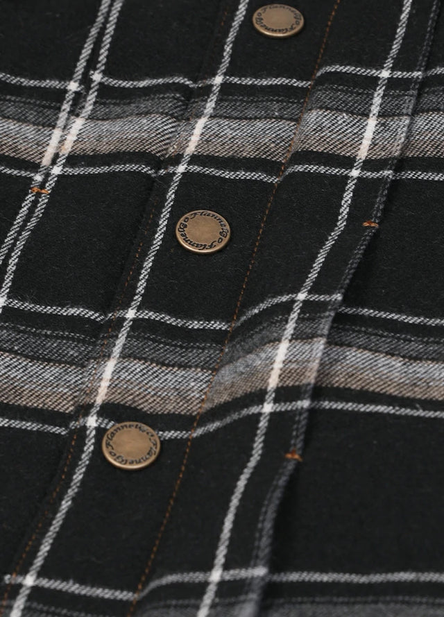 Detailed view of the snap button of the black red men's warm snap button up jacket