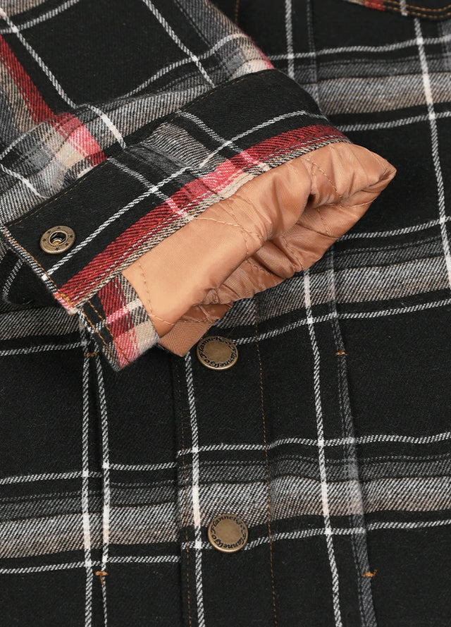 Close-up of the cuff of the black red men's warm snap button up jacket