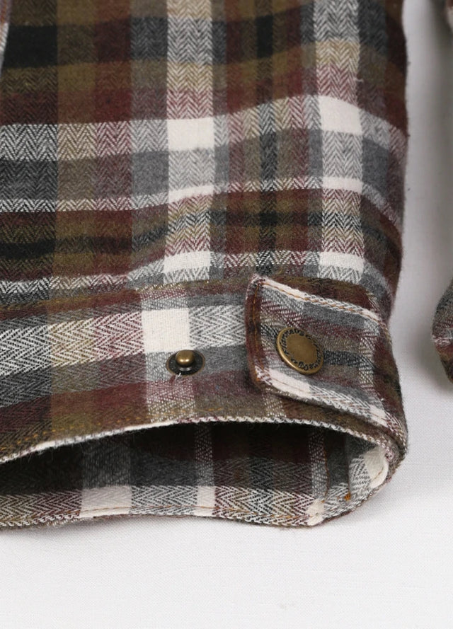Close-up of the cuff of a coffee white men's winter fleece lined button up shirt jacket