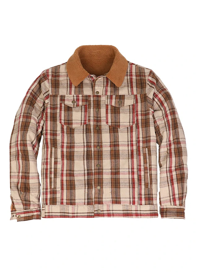 Front view of the khaki brown men's cozy fleece lined shacket