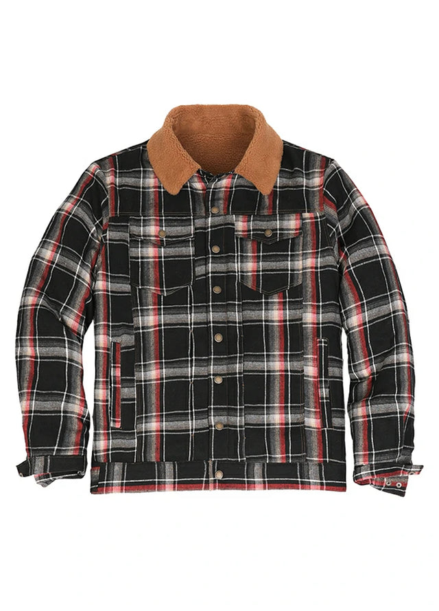 Front view of the black red men's snap button up jacket