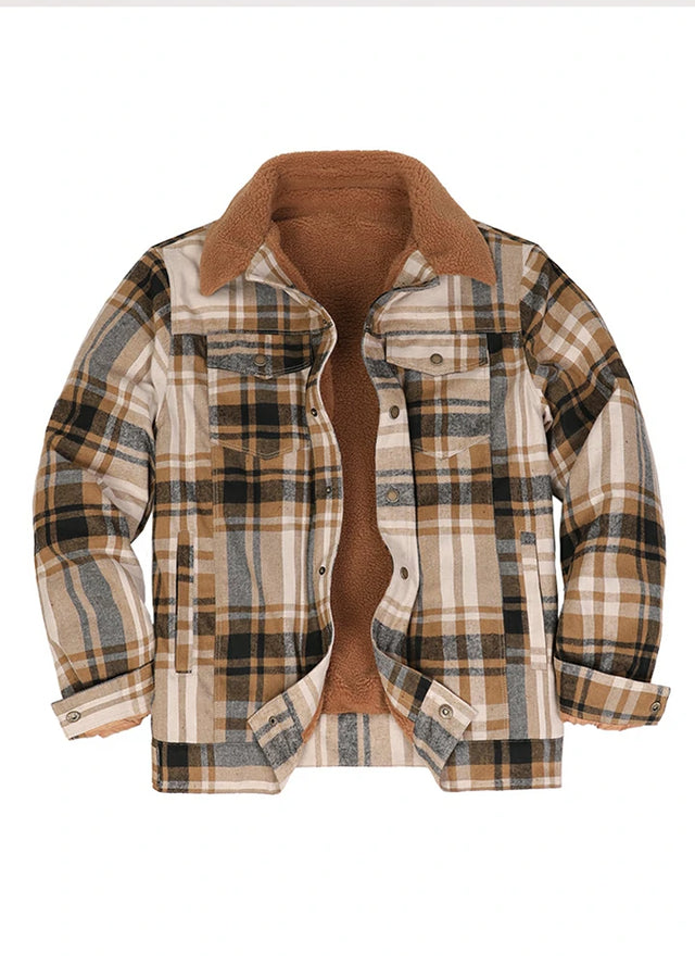 Front view of the beige latte men's outdoor fleece lined shirt jacket