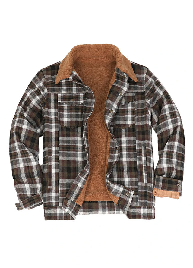 Front view of the coffee white men's fleece lined button up shirt jacket