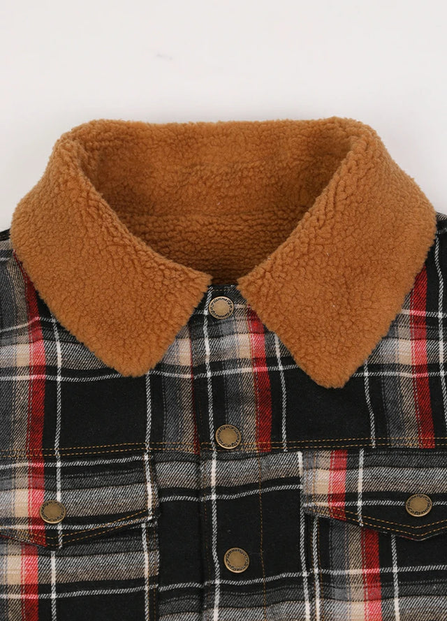 Close-up of the lapel of the men's warm snap button up jacket