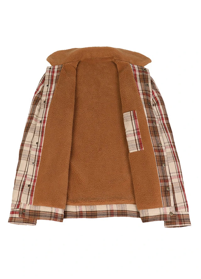 Front view of the lining of a khaki brown men's cozy fleece lined shacket