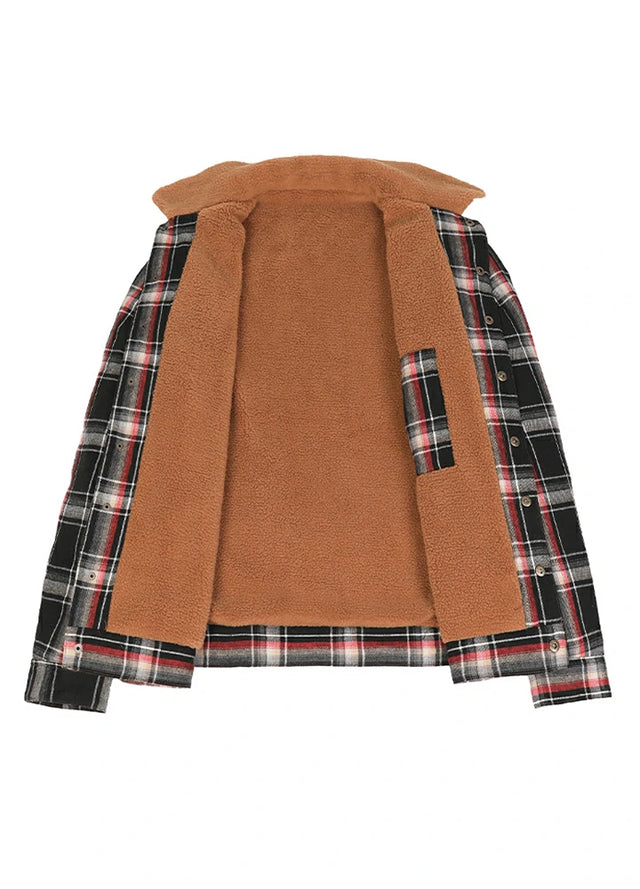 Front view of the lining of the black red men's warm snap button up jacket