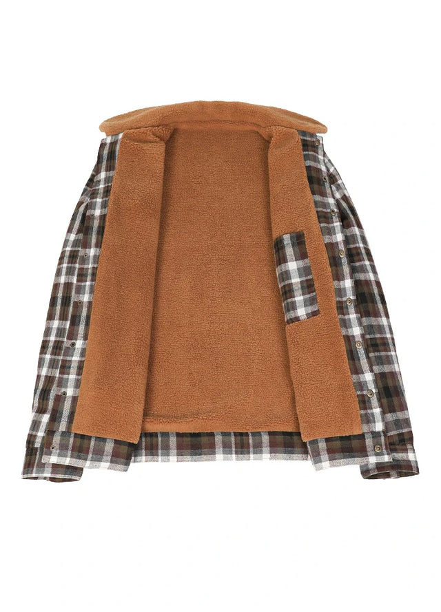 Front view of the lining of the coffee white men's fleece lined button up shirt jacket