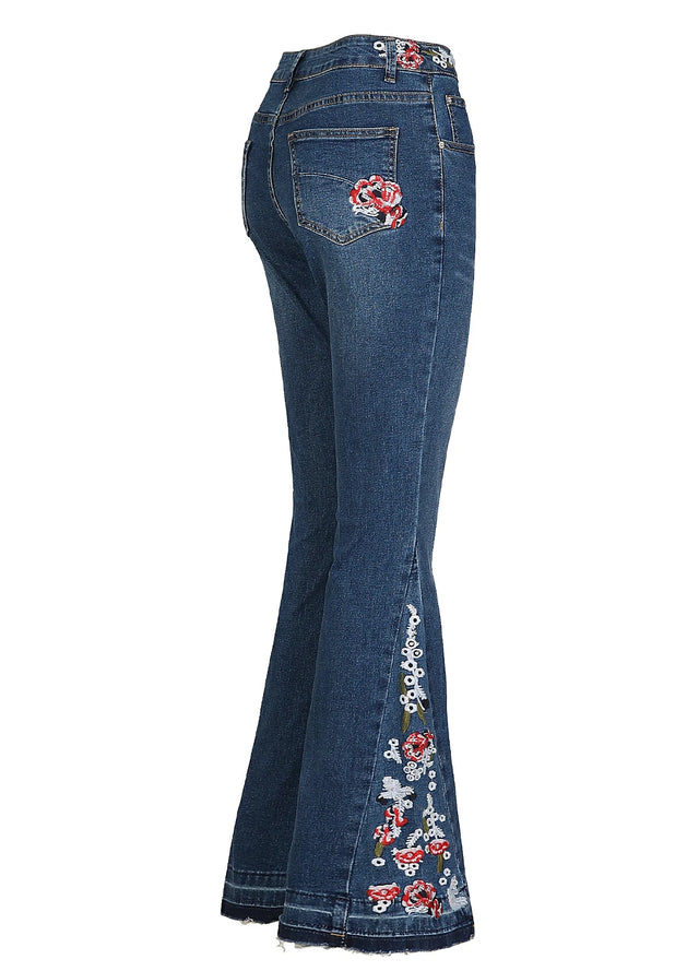 Women's Stretch Floral-Embroidered Flare Jeans