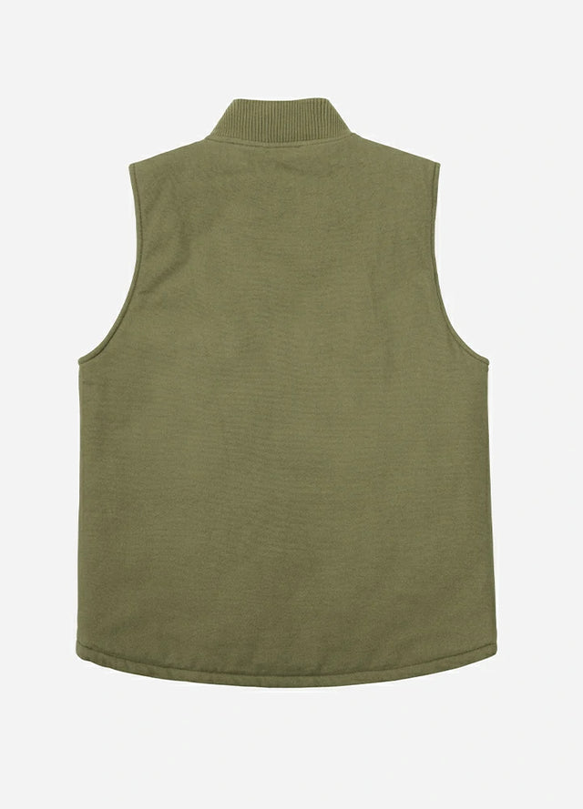 Back view of men's green arctic quilted lined canvas work vest
