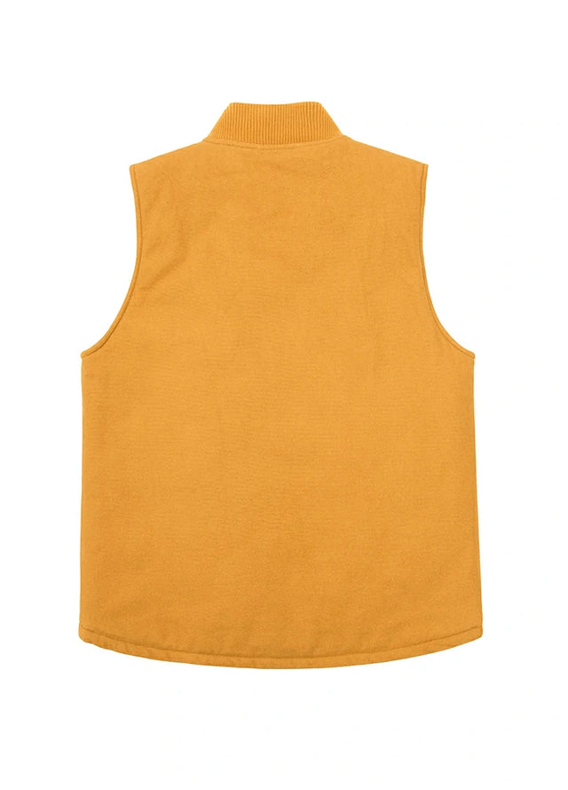 Back view of men's yellow arctic quilted lined canvas work vest