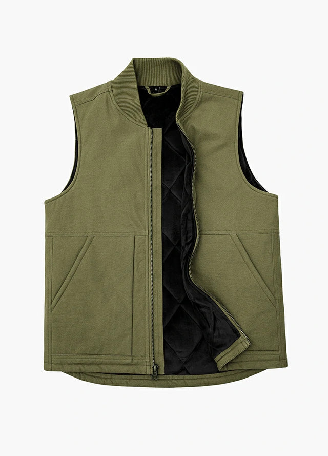 Front view of men's green arctic quilted lined canvas work vest