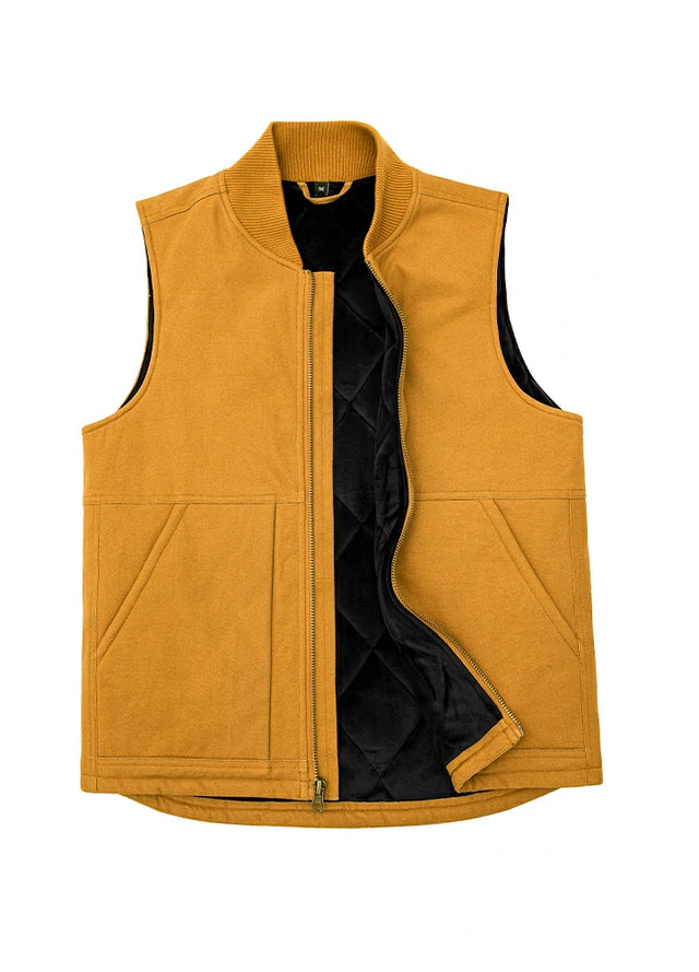 Front view of men's yellow arctic quilted lined canvas work vest