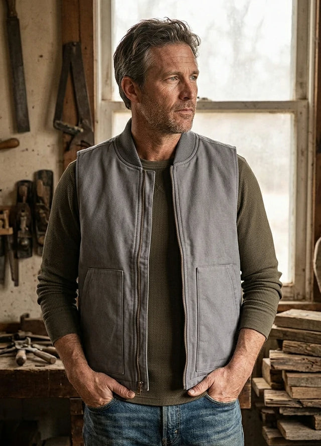 Lifestyle view of a man wearing grey men's arctic quilt lined washed rugged duck canvas vest-XR601Gr0M,XR601Gr0L,XR601Gr0XL,XR601Gr0XXL