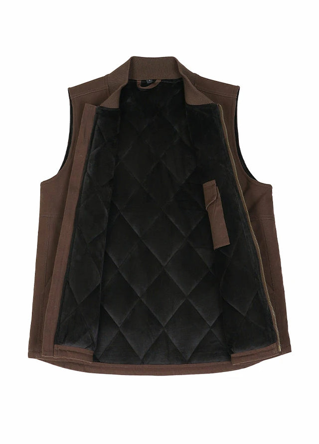 Detail of the interior lining on men's Dark Brown arctic quilted lined canvas work vest