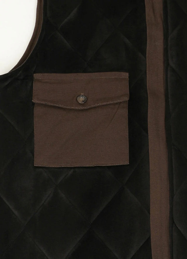 Close-up of the inner pocket with button closure on men's Dark Brown quilted canvas work vest