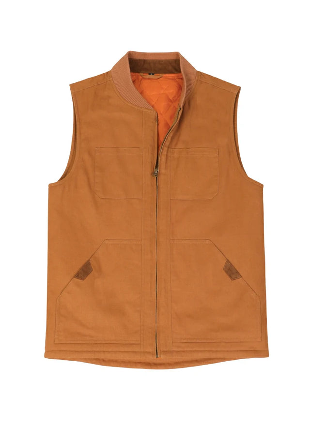 Front view of the zipper closed of the yellow brown men's adventure quilted lined outdoor vest