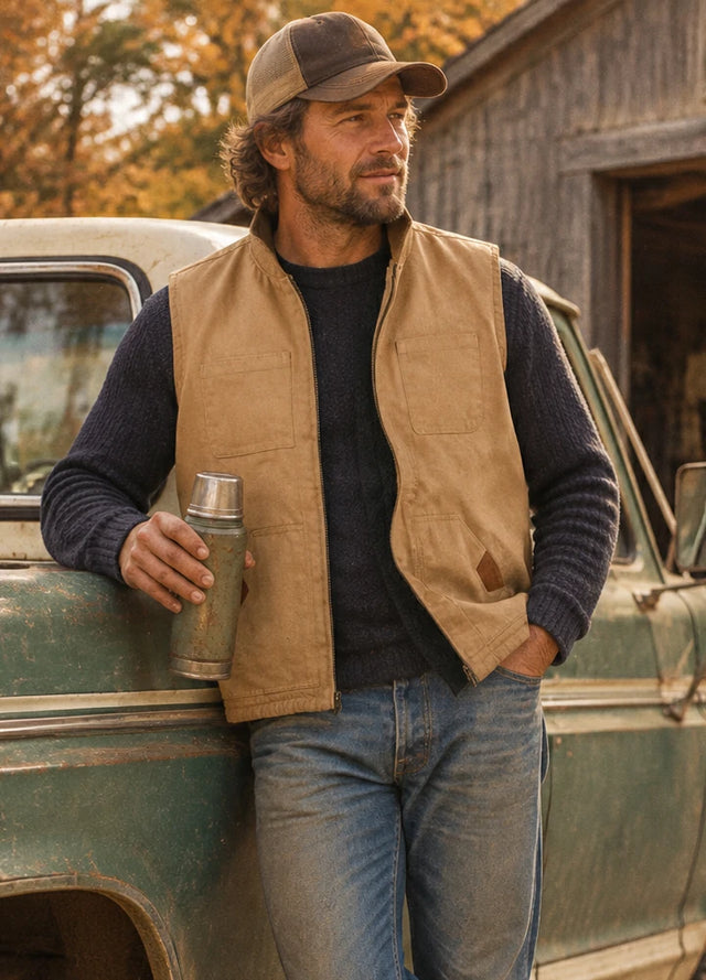 Lifestyle view of a man wearing dark khaki men's work utility canvas vest sherpa lined-XR605DK0S,XR605DK0M,XR605DK0L,XR605DK0XL,XR605DK0XXL