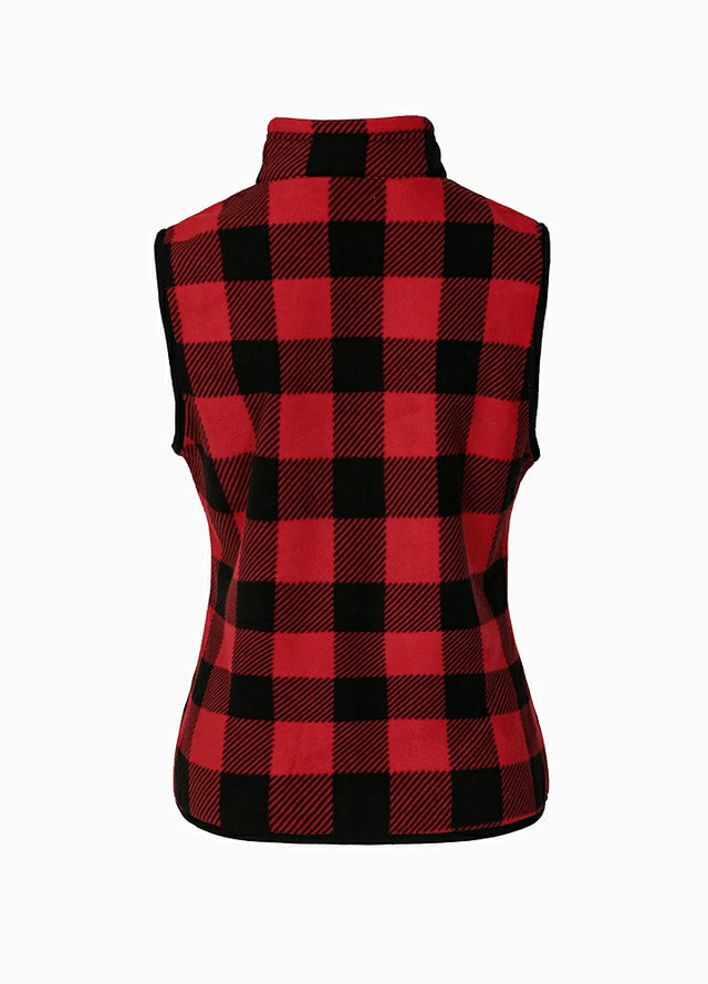 Back view of a womens red black plaid sweater fleece vest with zip-up