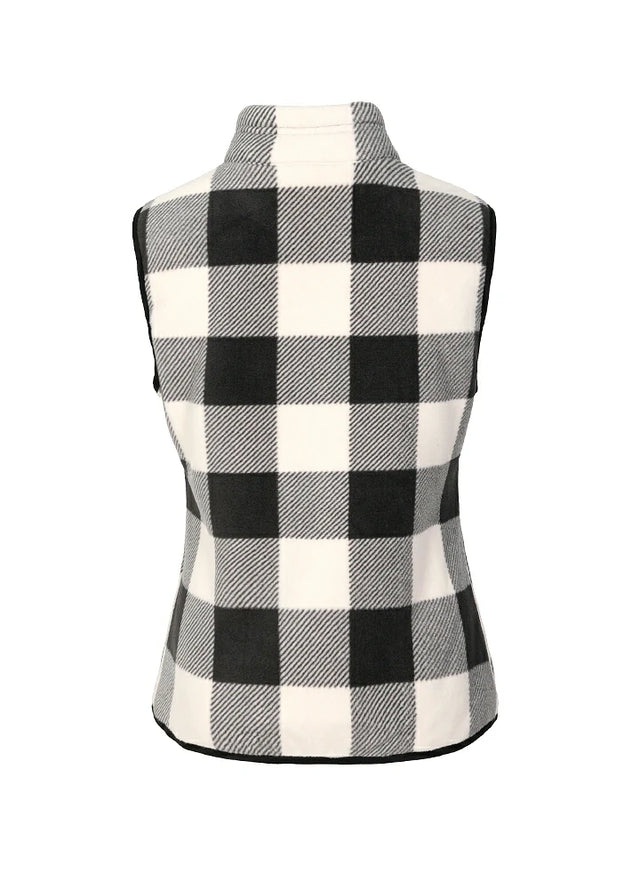 Back view of a womens black white plaid sweater fleece vest with zip-up