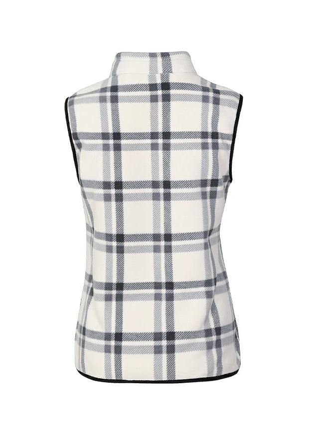 Back view of a womens white plaid sweater fleece vest with zip-up