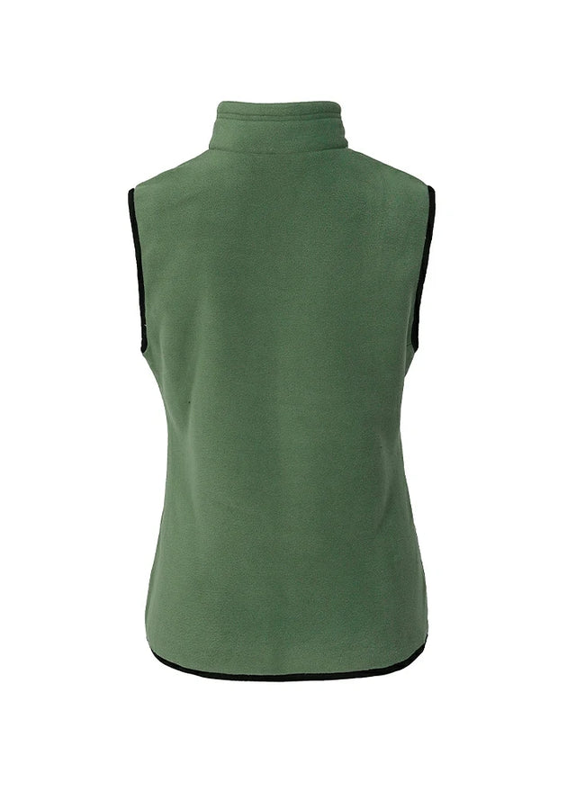 Back view of a womens forest green sweater fleece vest with zip-up