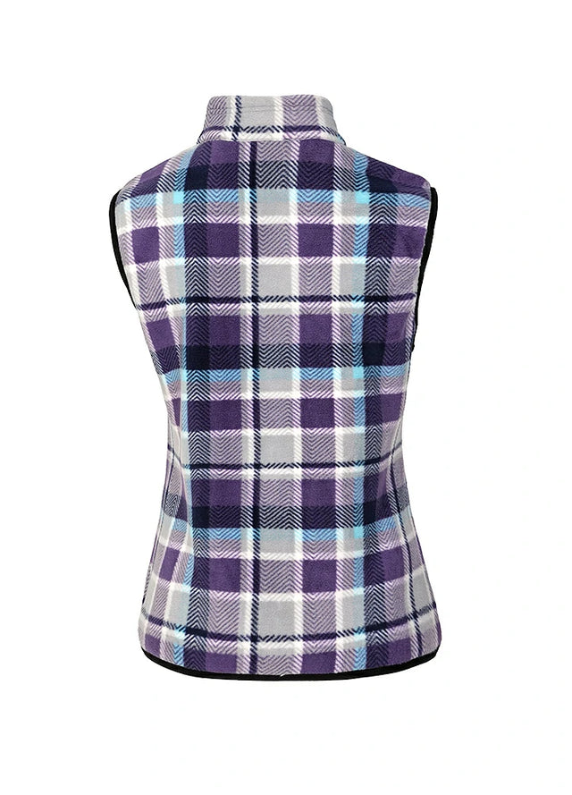 Back view of a womens purple black sweater fleece vest with zip-up