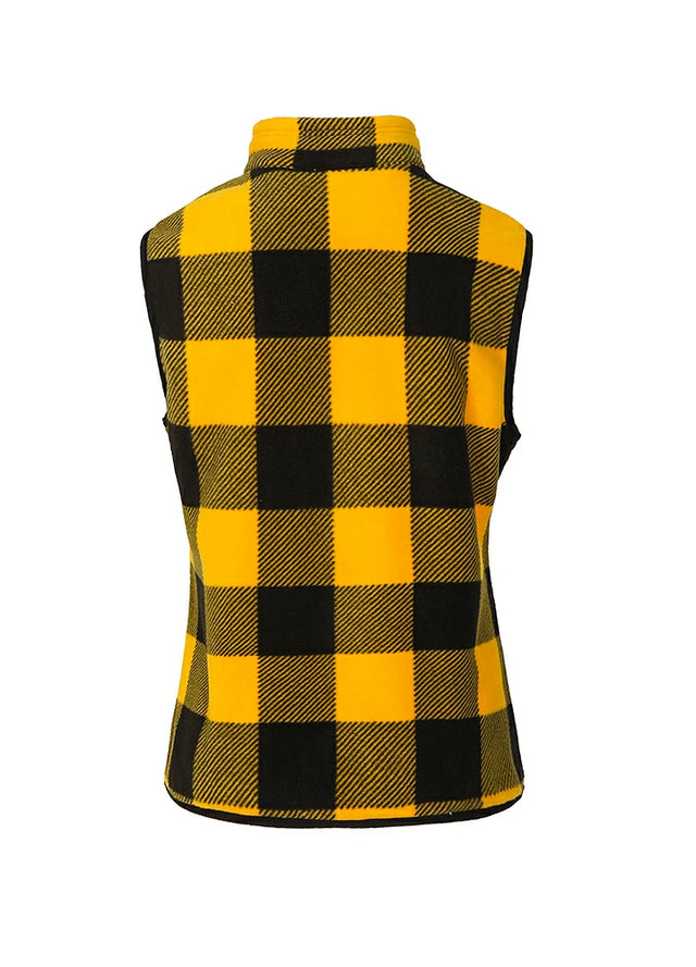 Back view of a womens yellow black sweater fleece vest with zip-up