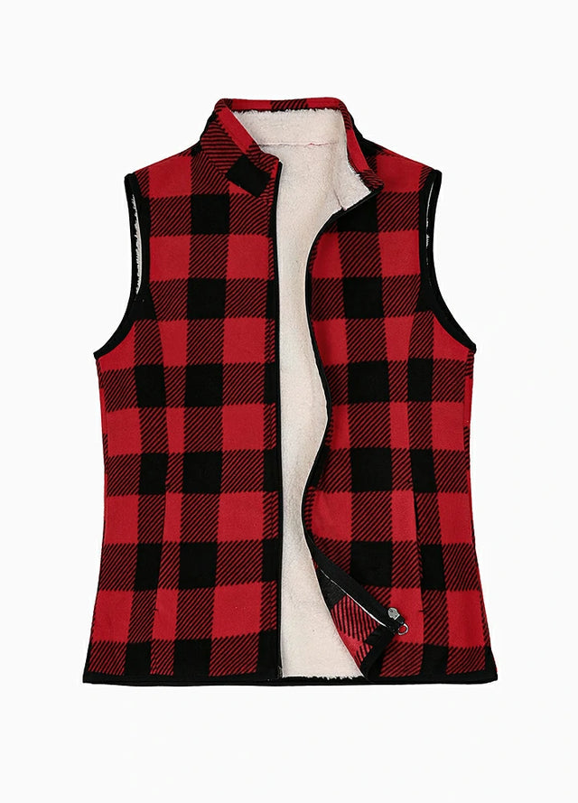 Warm cozy sherpa-linen red black plaid sweater fleece vest for women